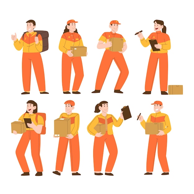 Set of delivery service character pose illustration, driver, courier, loader jobs occupation.