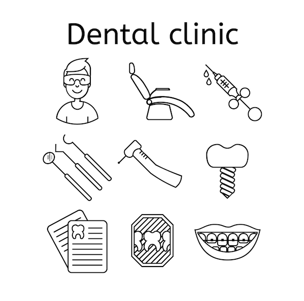 Set of dental clinic in modern thin line style. High quality black outline teeth symbols for web site design and mobile apps. Simple dentistry pictograms on a white background.