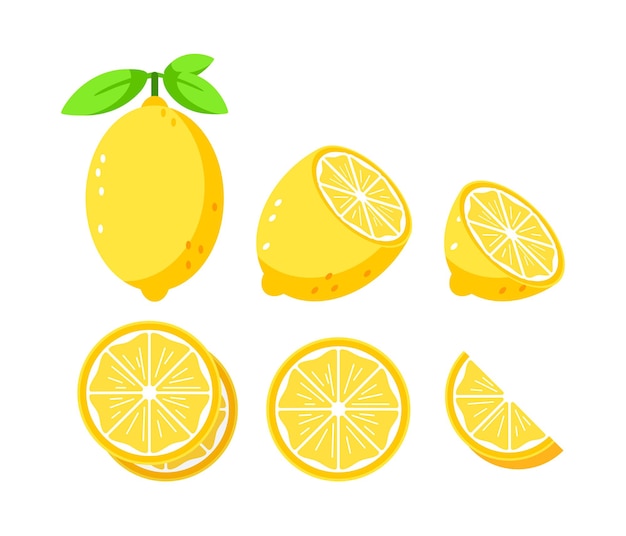 Set depicting whole and cut lemons with leaves ideal for culinary and health themes