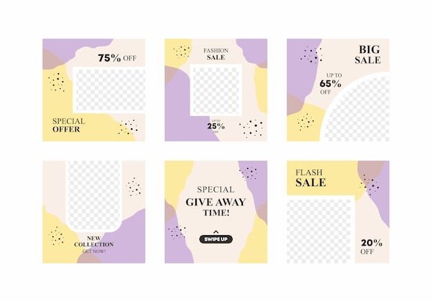 Set of design backgrounds for social media feed and post with placeholder for photo in pastel purple and yellow color combination Abstract vector design template for social media post