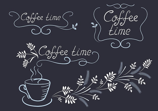 Set design elements signboard for cafe restaurant with ornaments calligraphic frames coffee cup