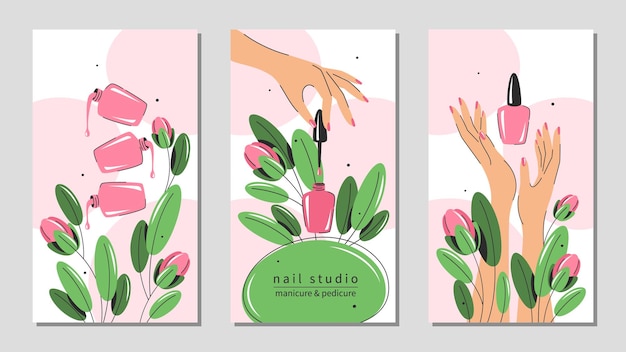 Set of design for nail studio for social media posts and stories, mobile apps.