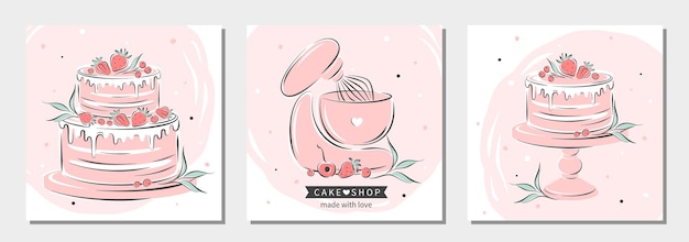 Set of design for pastry and bread shop Cake shop logo Planetary stationary dough mixer cakes