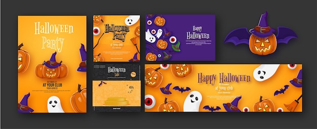 Set of Design Realistic halloween party poster banner poster invitation with pumpkin halloween