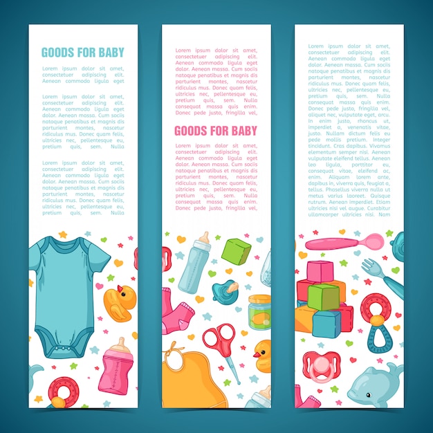 Vector set of design templates for vertical banners with childhood's patterns. newborn staff for decorating flyers. clothes, toys, accessories for babies. .