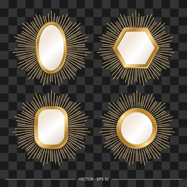 Vector a set of designer mirrors with a golden frame and rays around realistic style vector illustration