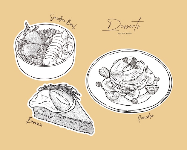 Set of dessert, smoothie bowl, pancake and brownie on top with varities fruit. hand draw sketch 