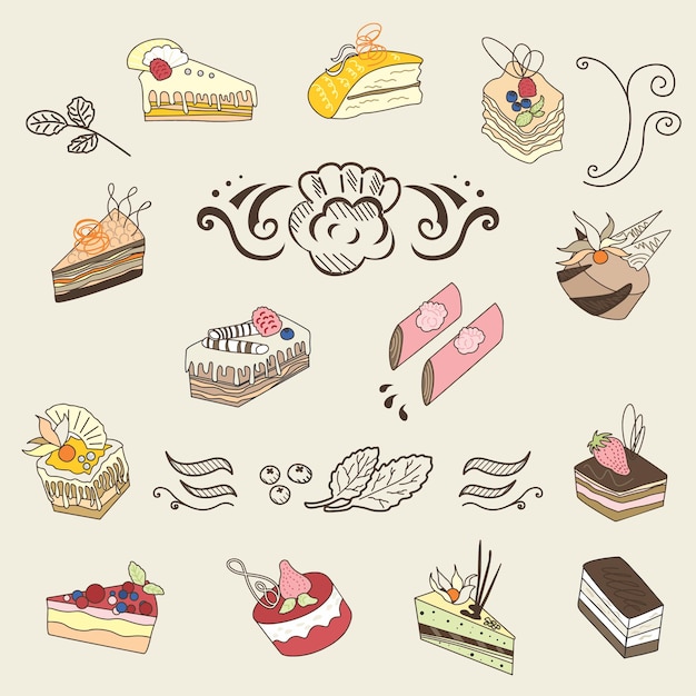 Vector set of desserts and design elements for candy menu design