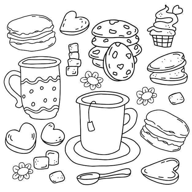 Set of desserts in linear doodles cup of tea Macaroon cookies almond and shortbread biscuits muffin