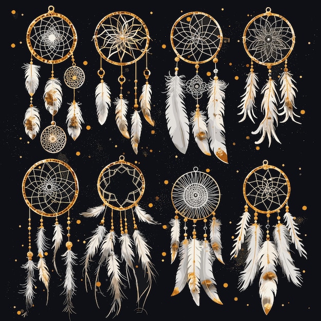 Vector set of detailed dreamcatchers white gold watercolour