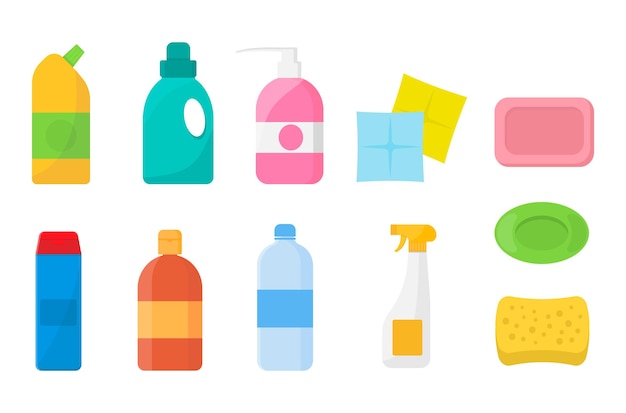 Set of detergent bottles or containers cleaning supplies washing powder icon Vector illustration isolated on white background