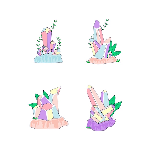 Set of Diamond crystal Illustration in pastel color Aesthetic Gemstone Crystal Floral Line Art