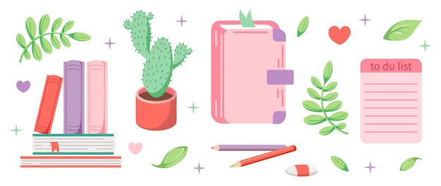 Set diary of girl Hand drawn stationery element set School equipment icons Pink color Vector Flat illustration