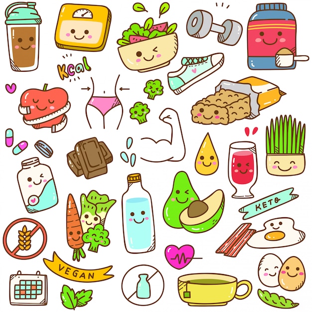 Set of diet kawaii doodle