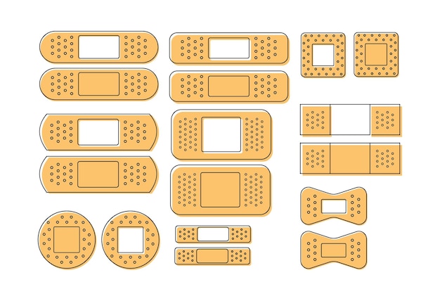 Set of different adhesive patch Medical plasters bandage in line style Vector illustration