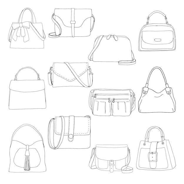 Set of different bags men women and unisex Bags isolated on white background Vector illustration in sketch style