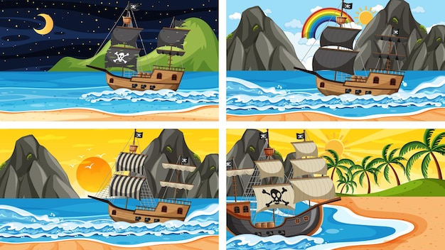 Set of different beach scenes with pirate ship and pirate cartoon character