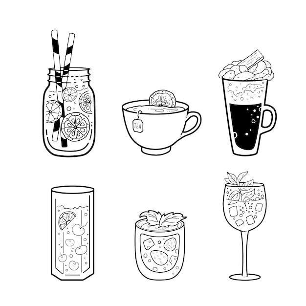 Set of different beverages: tea, coffee, drinks. Outline drawing.