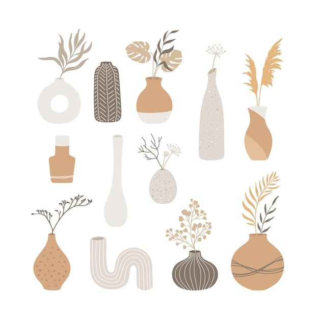 Vector set of different boho style vases with plants simple illustration in pastel colors