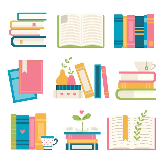 Set of different book objects cup of tea vector illustration