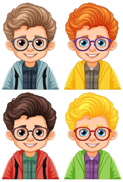 Vector set of different boys wearing glasses