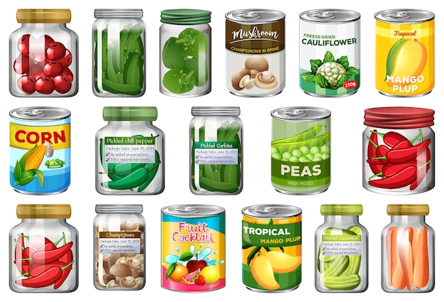 Set of different canned food and food in jars isolated