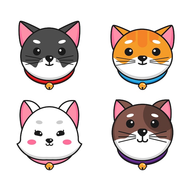 Set different cartoon cat faces wearing collar