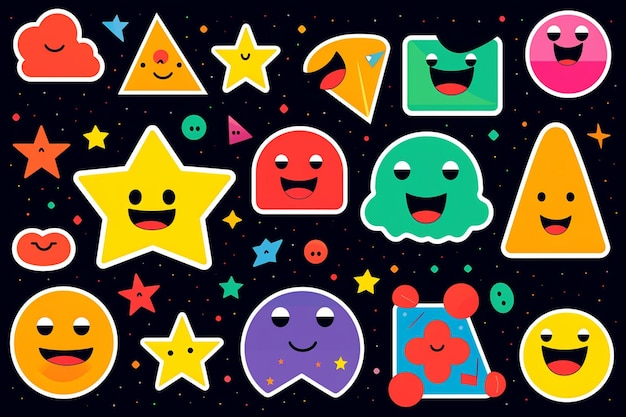 Set of Different Cartoon Stickers Smiling Faces Star