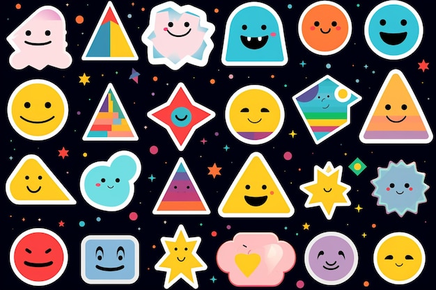 Vector set of different cartoon stickers smiling faces star