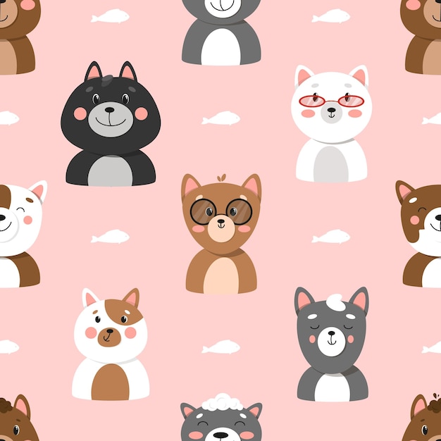 Set of different cats, seamless pattern with cats, cute pets pattern, different cats