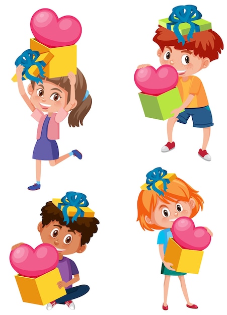 Set of different children holding hearts