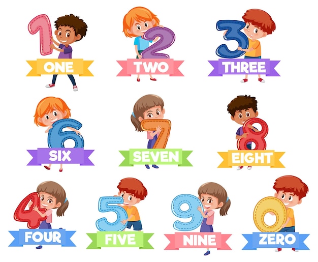 Set of different children holding the numbers isolated on white