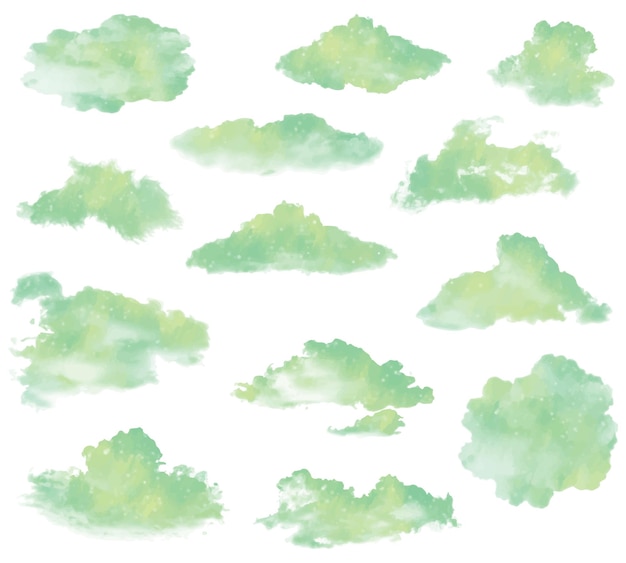 set of different clouds shapes with green and yellow pastel colors