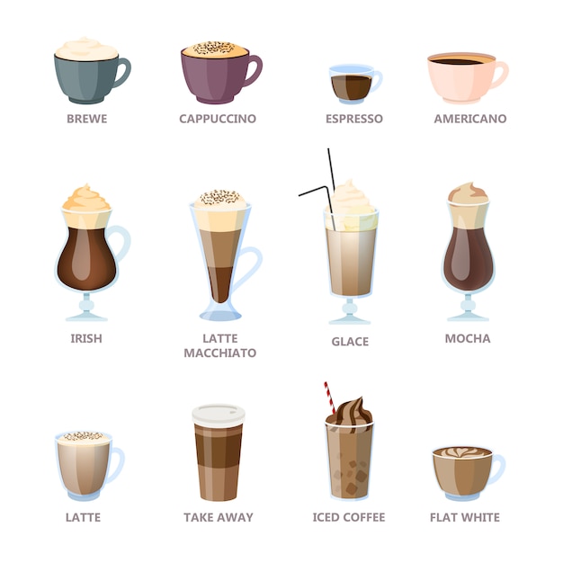 Set of different coffee types. Americano and cappuccino, espresso and mocha. Hot cup of drink for breakfast with milk.  illustration in cartoon style