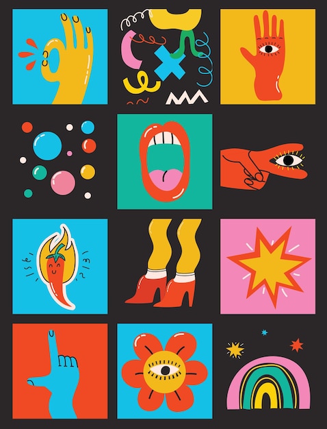 Set of different colored vector illustrations in cartoon flat design abstract shapes