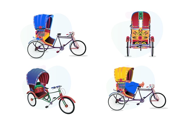 Set of different Colors of rikshaw side view of rickshaws