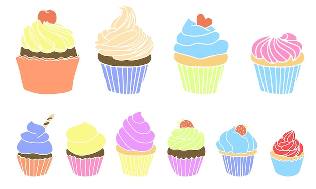 A set of different cupcakes - with pistachio cream, mint, chocolate, vanilla, cherry, lemon or lime.