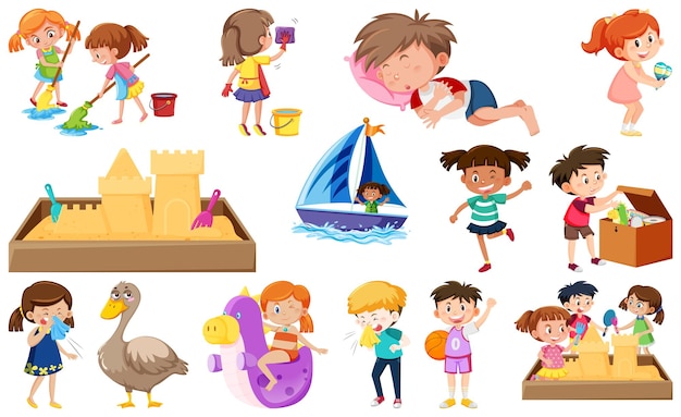 Set of different cute kids and objects