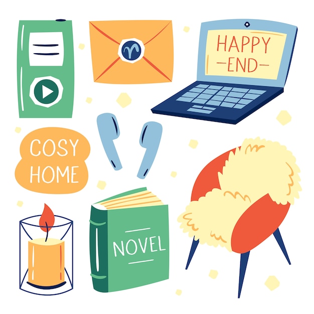 Set of different cute lifestyle items.. Laptop. MP3. Cosy home.  Flat colourful   illustration icon