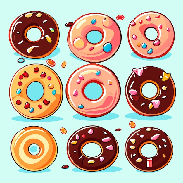 Set of different donut sweet bekery in cartoon style vector