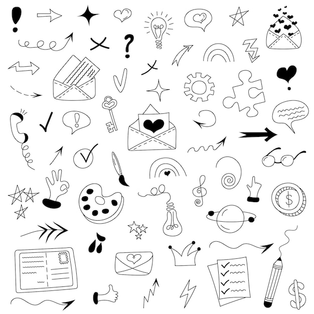 Set of different doodle elements such as envelopes bulbs arrows ribbons hearts stars