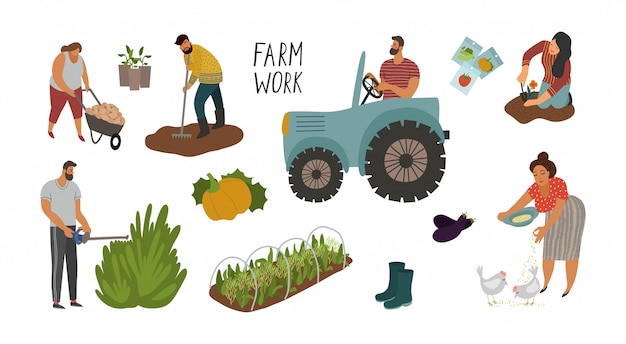 set of different elements and people working in the garden and on the farm.