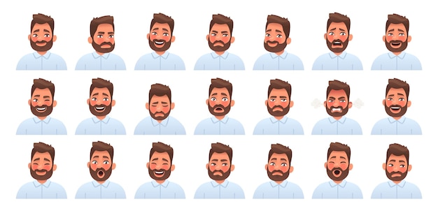 Set of different emotions of a bearded man Fear surprise happiness anger envy Facial expression