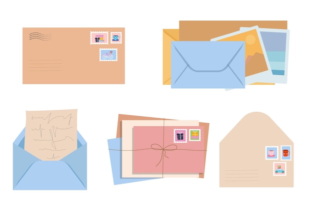 Set of different envelopes with mail, postmarks and postcards.