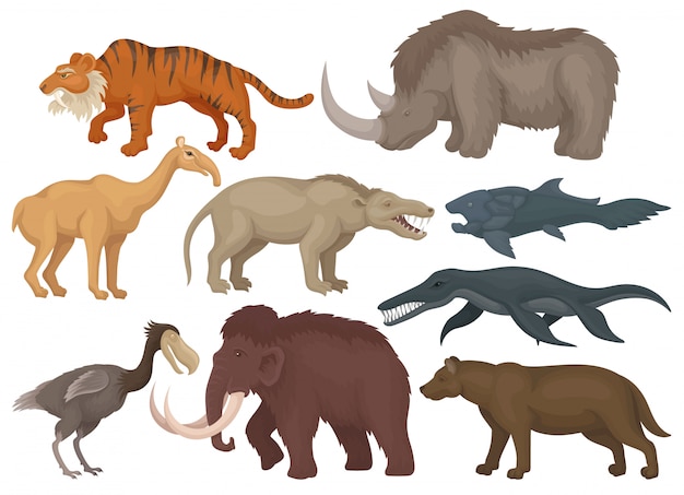   set of different extinct prehistoric animals. Fishes, bird and wild mammal beasts. Wildlife theme