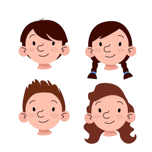 Set of different faces of children with different hairstyles and brown hair