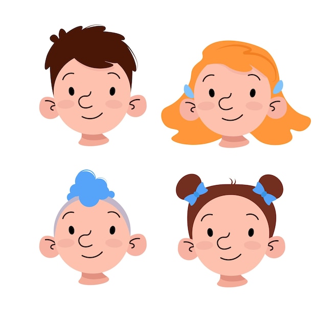 Set of different faces of children with different hairstyles and different hair colors