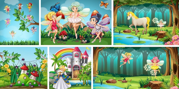 Set of different fairy fantasy scene