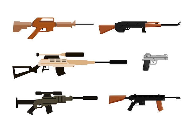 Set of different firearms in cartoon style Vector illustration of rifles sniper rifles submachine guns pistols shotguns isolated on white background Weapons for policemen and soldiers