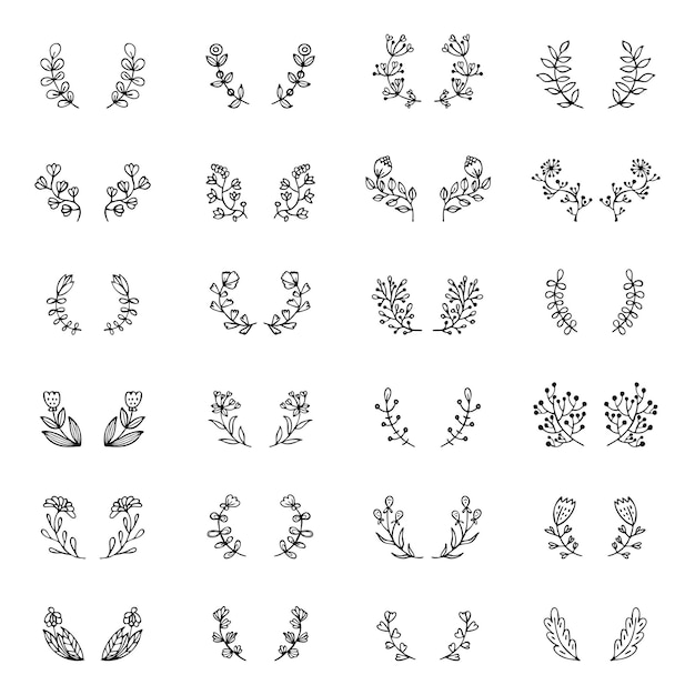 Set of different floral hand-drawn wreaths.